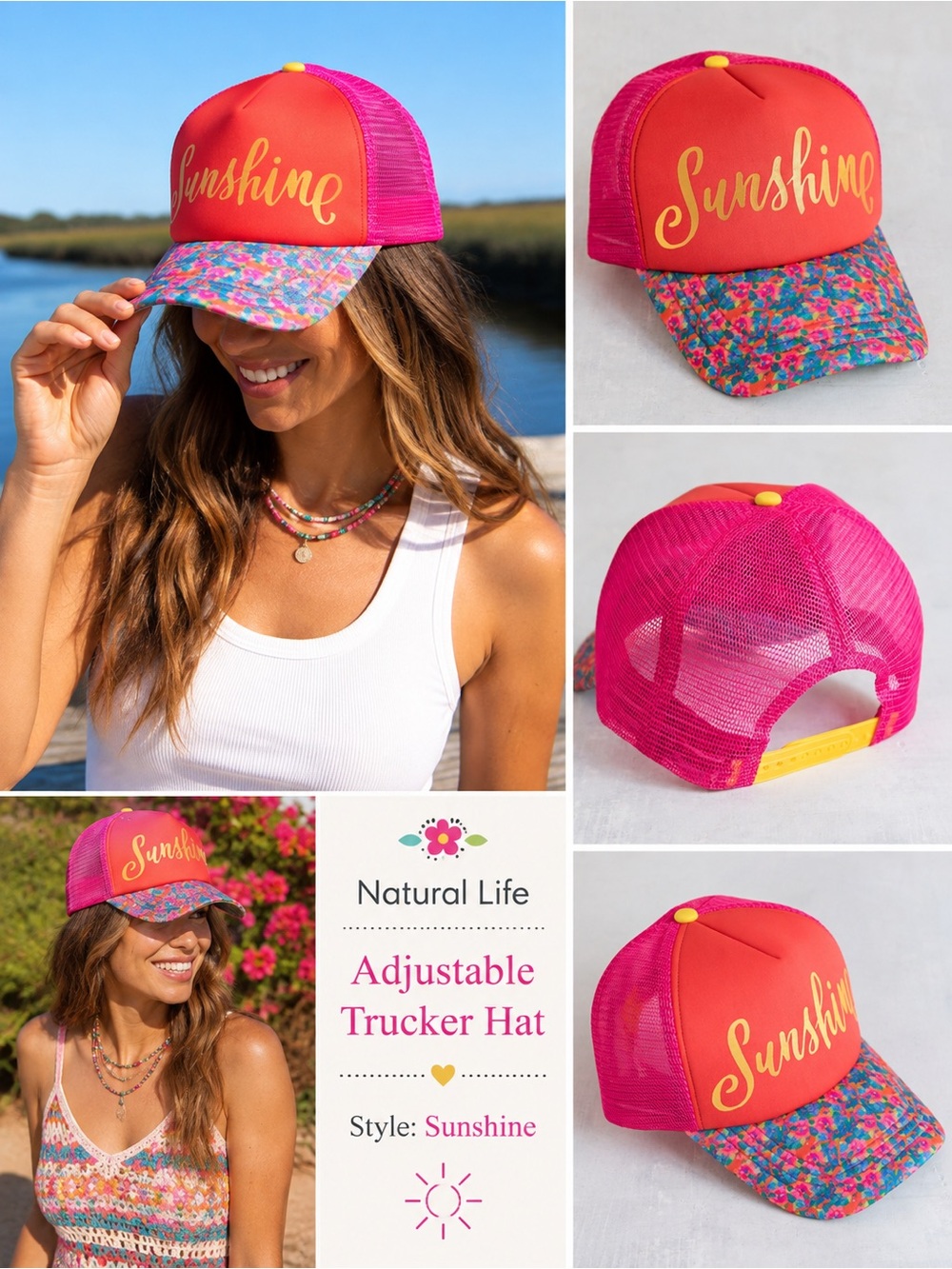 NWT NATURAL LIFE Sunshine Trucker Hat - Hot Pink, Red, Multicolor Floral Brim